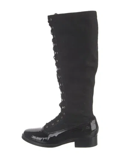 Pre-owned Chanel Interlocking Cc Logo Suede Lace-up Boots In Black/blue
