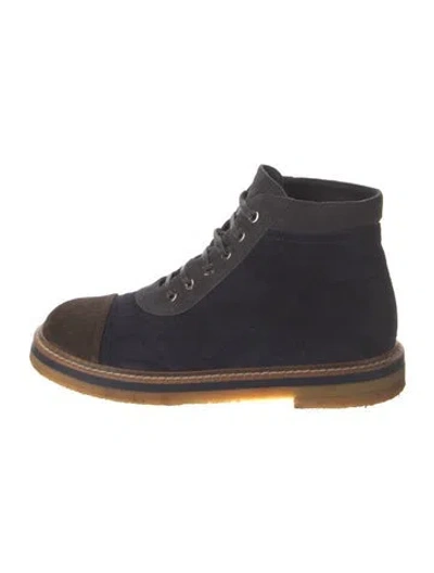 Pre-owned Chanel Interlocking Cc Logo Suede Lace-up Boots In Blue