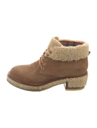Pre-owned Chanel Interlocking Cc Logo Suede Lace-up Boots In Brown