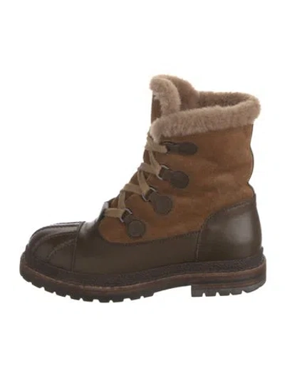 Pre-owned Chanel Interlocking Cc Logo Suede Lace-up Boots In Brown