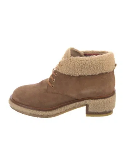 Pre-owned Chanel Interlocking Cc Logo Suede Lace-up Boots In Neutrals
