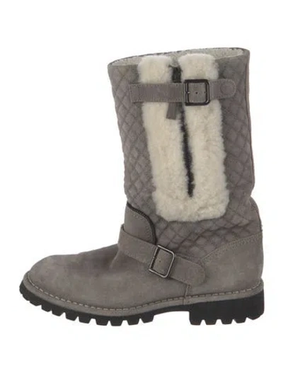 Pre-owned Chanel Interlocking Cc Logo Suede Moto Boots In Grey