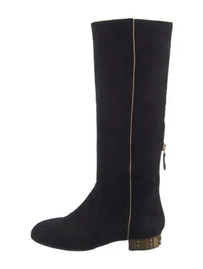 Pre-owned Chanel Interlocking Cc Logo Suede Riding Boots In Black