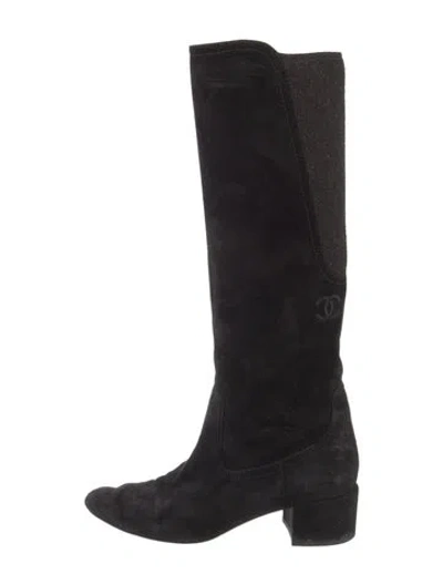 Pre-owned Chanel Interlocking Cc Logo Suede Riding Boots In Black
