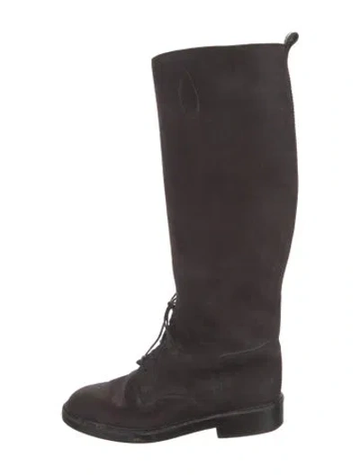 Pre-owned Chanel Interlocking Cc Logo Suede Riding Boots In Brown