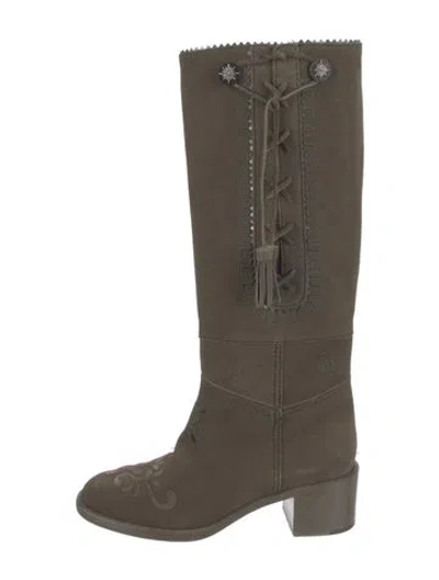 Pre-owned Chanel Interlocking Cc Logo Suede Riding Boots In Green