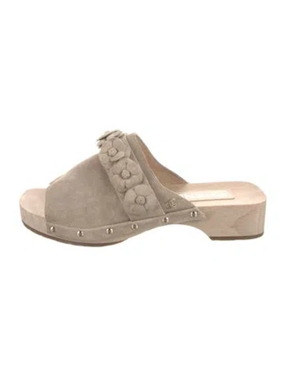 Pre-owned Chanel Interlocking Cc Logo Suede Slides In Neutral