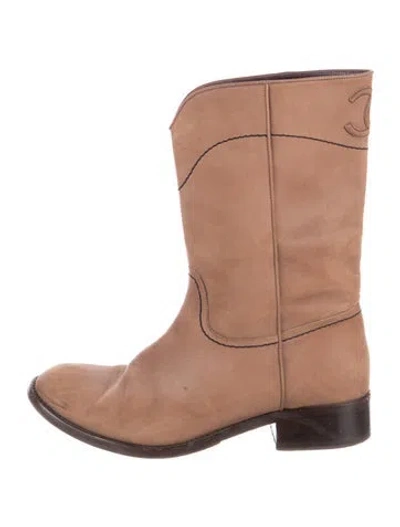 Pre-owned Chanel Interlocking Cc Logo Suede Western Boots In Brown