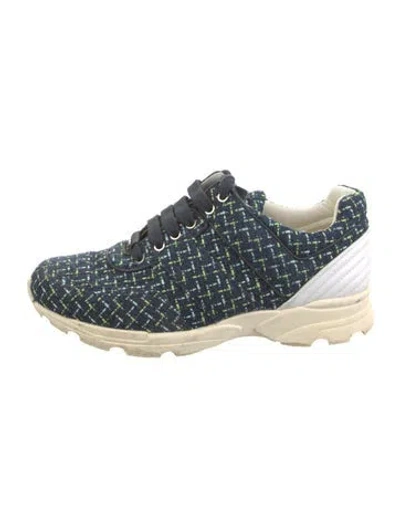 Pre-owned Chanel Interlocking Cc Logo Tweed Athletic Sneakers In Blue
