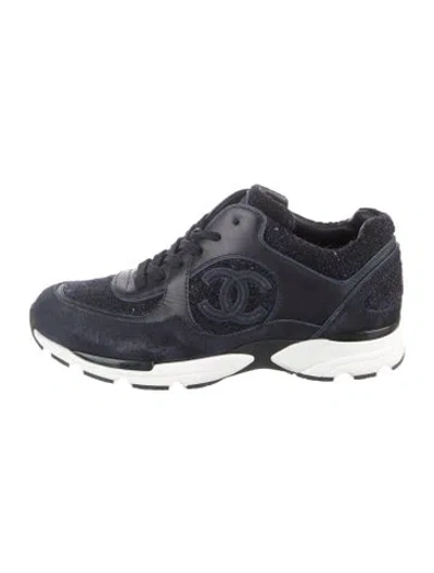Pre-owned Chanel Interlocking Cc Logo Tweed Athletic Sneakers In Blue