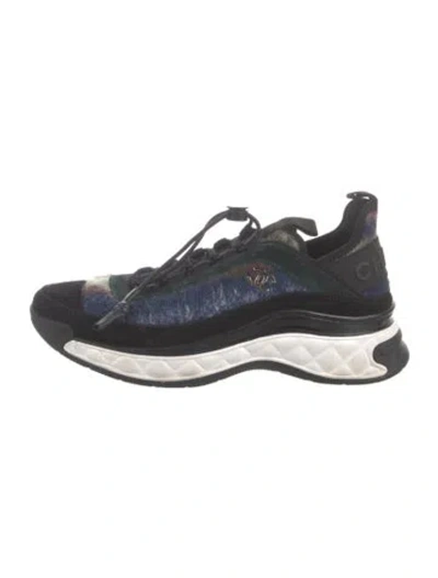 Pre-owned Chanel Interlocking Cc Logo Tweed Athletic Sneakers In Blue