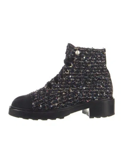 Pre-owned Chanel Interlocking Cc Logo Tweed Combat Boots In Blue