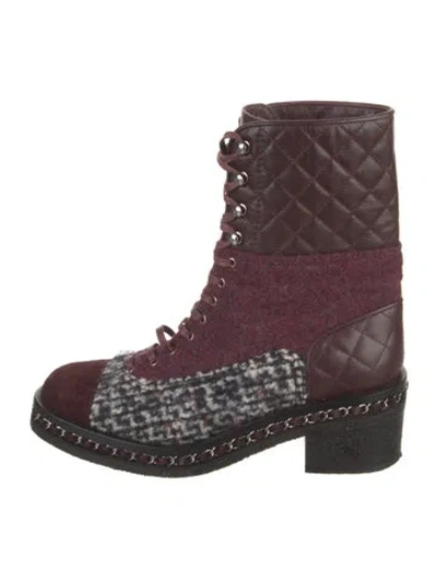 Pre-owned Chanel Interlocking Cc Logo Tweed Combat Boots In Burgundy