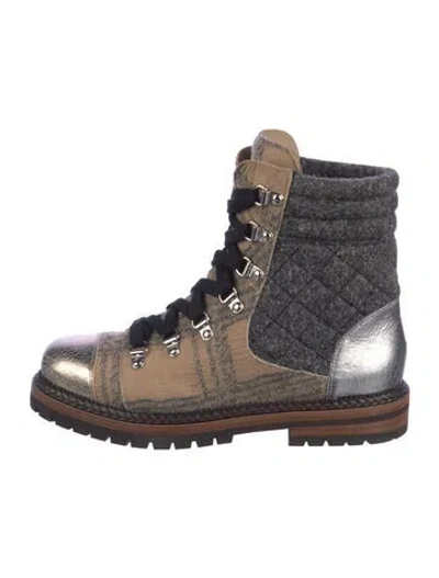 Pre-owned Chanel Interlocking Cc Logo Tweed Combat Boots In Neutral