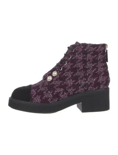 Pre-owned Chanel Interlocking Cc Logo Tweed Combat Boots In Purple