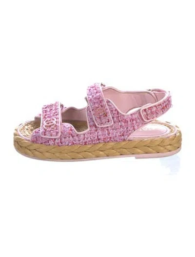 Pre-owned Chanel Interlocking Cc Logo Tweed Espadrilles In Pink