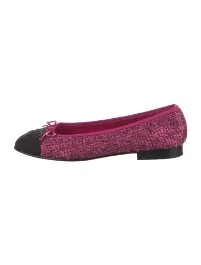 Pre-owned Chanel Interlocking Cc Logo Tweed Flats In Pink