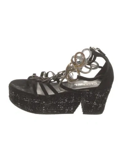 Pre-owned Chanel Interlocking Cc Logo Tweed Gladiator Sandals In Black