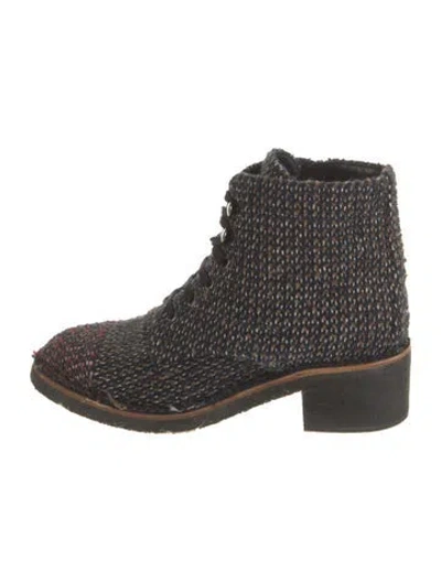 Pre-owned Chanel Interlocking Cc Logo Tweed Lace-up Boots In Black