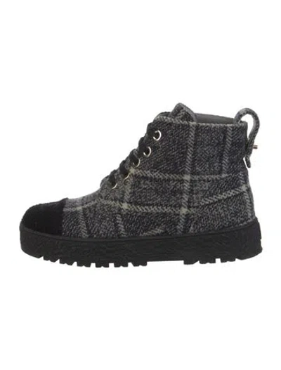 Pre-owned Chanel Interlocking Cc Logo Tweed Lace-up Boots In Black