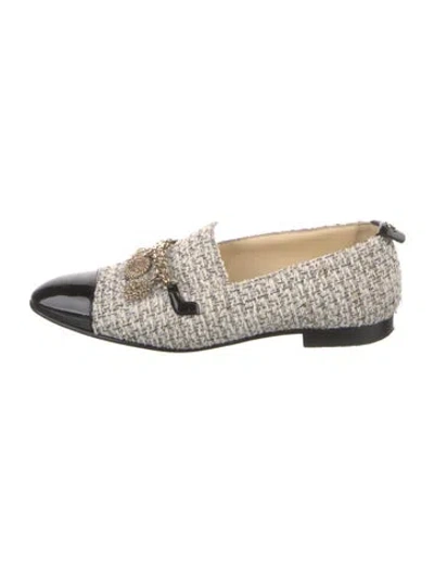 Pre-owned Chanel Interlocking Cc Logo Tweed Loafers In Gray