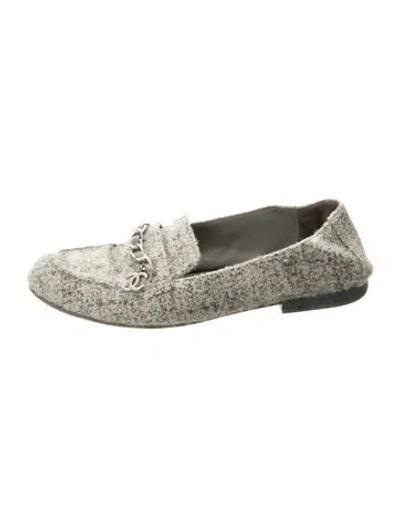 Pre-owned Chanel Interlocking Cc Logo Tweed Loafers In Green
