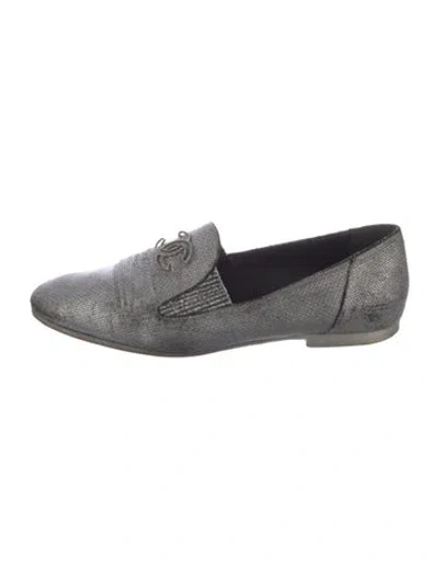 Pre-owned Chanel Interlocking Cc Logo Tweed Loafers In Silver