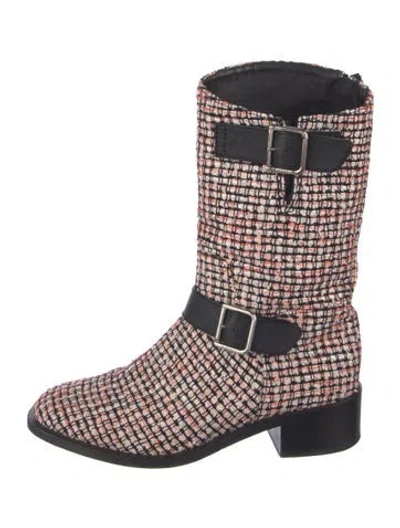 Pre-owned Chanel Interlocking Cc Logo Tweed Moto Boots In Orange