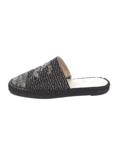 Pre-owned Chanel Interlocking Cc Logo Tweed Mules In Black