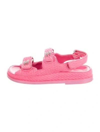 Pre-owned Chanel Interlocking Cc Logo Tweed Sandals In Pink