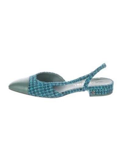 Pre-owned Chanel Interlocking Cc Logo Tweed Slingback Flats In Blue