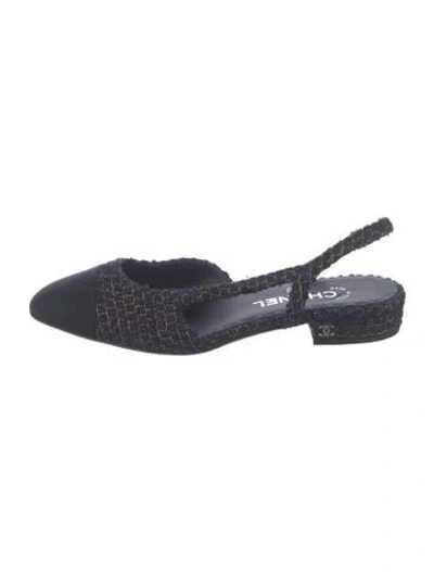 Pre-owned Chanel Interlocking Cc Logo Tweed Slingback Flats In Blue