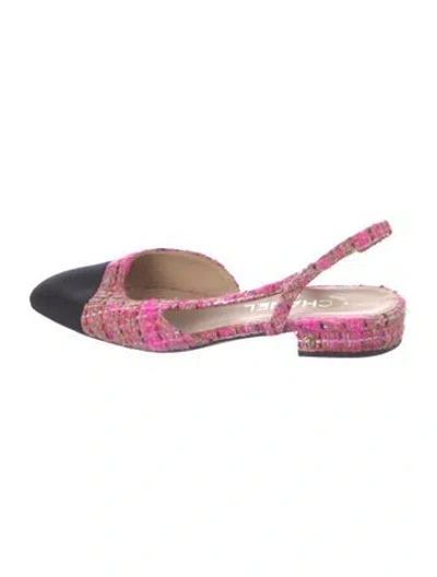 Pre-owned Chanel Interlocking Cc Logo Tweed Slingback Flats In Pink