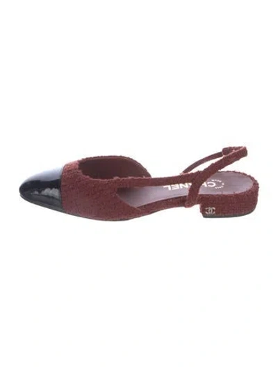 Pre-owned Chanel Interlocking Cc Logo Tweed Slingback Flats In Red