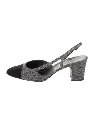 Pre-owned Chanel Interlocking Cc Logo Tweed Slingback Pumps