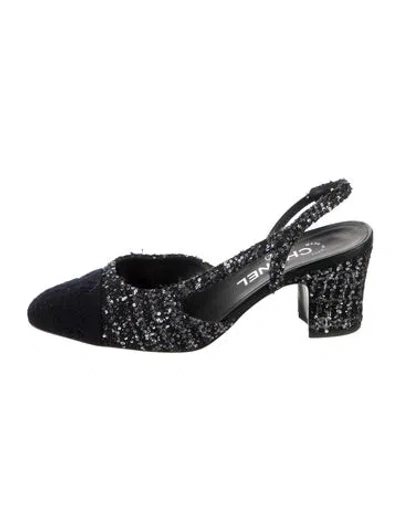 Pre-owned Chanel Interlocking Cc Logo Tweed Slingback Pumps In Black