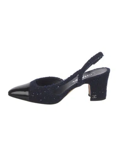 Pre-owned Chanel Interlocking Cc Logo Tweed Slingback Pumps In Blue