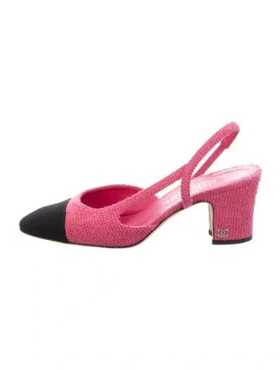 Pre-owned Chanel Interlocking Cc Logo Tweed Slingback Pumps In Pink