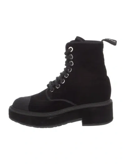 Pre-owned Chanel Interlocking Cc Logo Velvet Combat Boots In Black