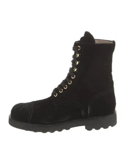 Pre-owned Chanel Interlocking Cc Logo Velvet Combat Boots In Black