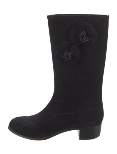 Pre-owned Chanel Interlocking Cc Logo Velvet Rain Boots In Black