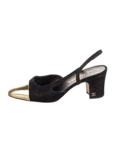 Pre-owned Chanel Interlocking Cc Logo Velvet Slingback Pumps In Black