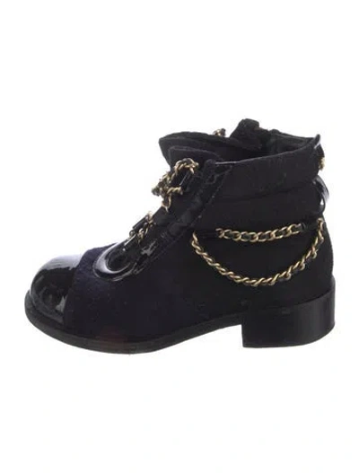Pre-owned Chanel Interlocking Cc Logo Wool Combat Boots In Black