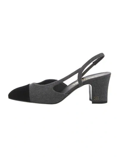 Pre-owned Chanel Interlocking Cc Logo Wool Slingback Pumps In Black/grey