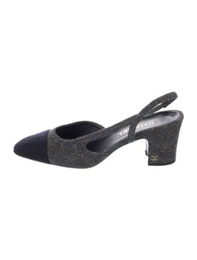 Pre-owned Chanel Interlocking Cc Logo Wool Slingback Pumps In Blue