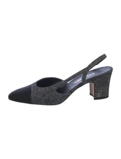 Pre-owned Chanel Interlocking Cc Logo Wool Slingback Pumps In Grey