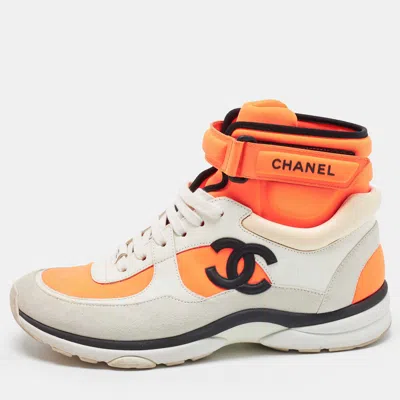 Pre-owned Chanel Interlocking Cc Runner Size 41 Tricolor Neoprene And Leather High Top Sneakers In Orange
