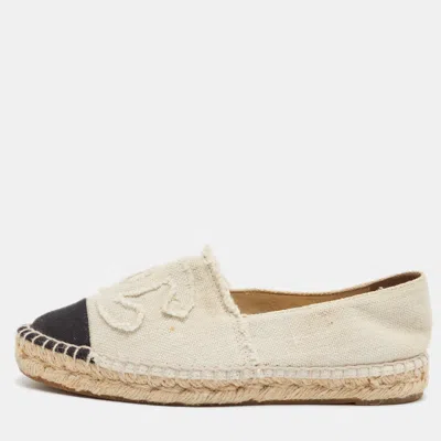 Pre-owned Chanel Interlocking Cc Size 37 Black/beige Canvas Espadrille Flats