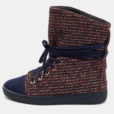 Pre-owned Chanel Interlocking Cc Size 37 Navy Blue Tweed Lace Up Ankle Length Boots