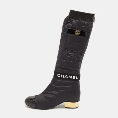Pre-owned Chanel Interlocking Cc Size 39 Black Nylon Mid Calf Boots